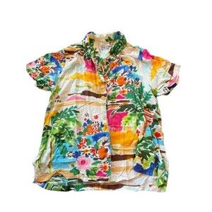 Jams World Women Multicolor Floral Short Sleeve Collared Button Up Shirt Size M